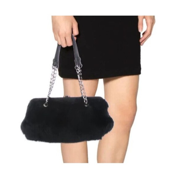 Women's Fur Bag's Designer Michael Kors Black Rabbit Fur Silver Tone Chain Strap - Picture 1 of 14